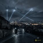 Ilustrasi malam kota setelah serangan Rusia ke Kyiv dengan rudal dan drone