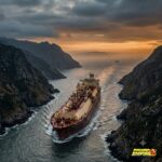Ilustrasi krisis Selat Hormuz dengan kapal tanker minyak melintasi jalur laut sempit