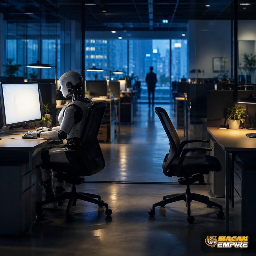 Ilustrasi PHK akibat AI di kantor teknologi modern